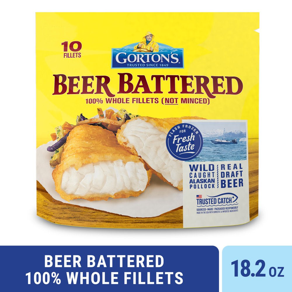 Gorton’S Beer Battered Fish, Wild Caught Pollock, Frozen, 10 Count, 18.2 Ounce Resealable Bag