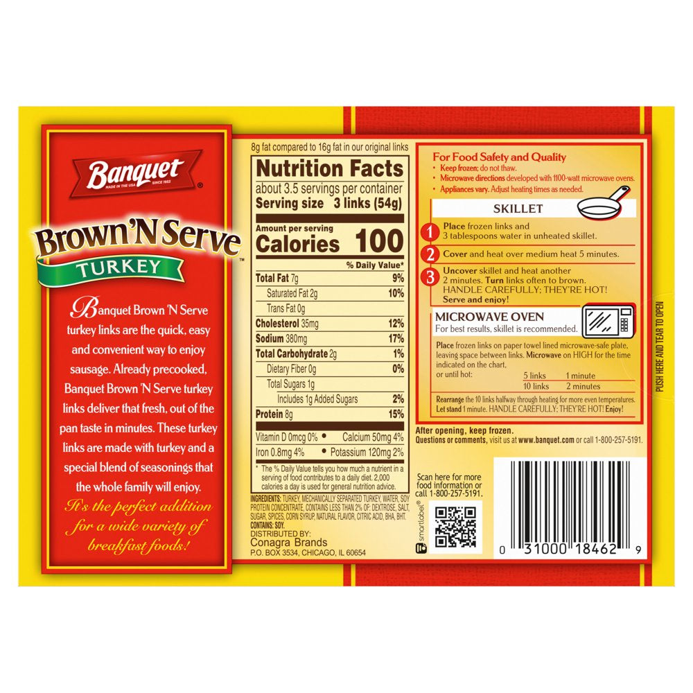 Banquet Brown 'N Serve Turkey Sausage Links, 6.4 Oz (Frozen)