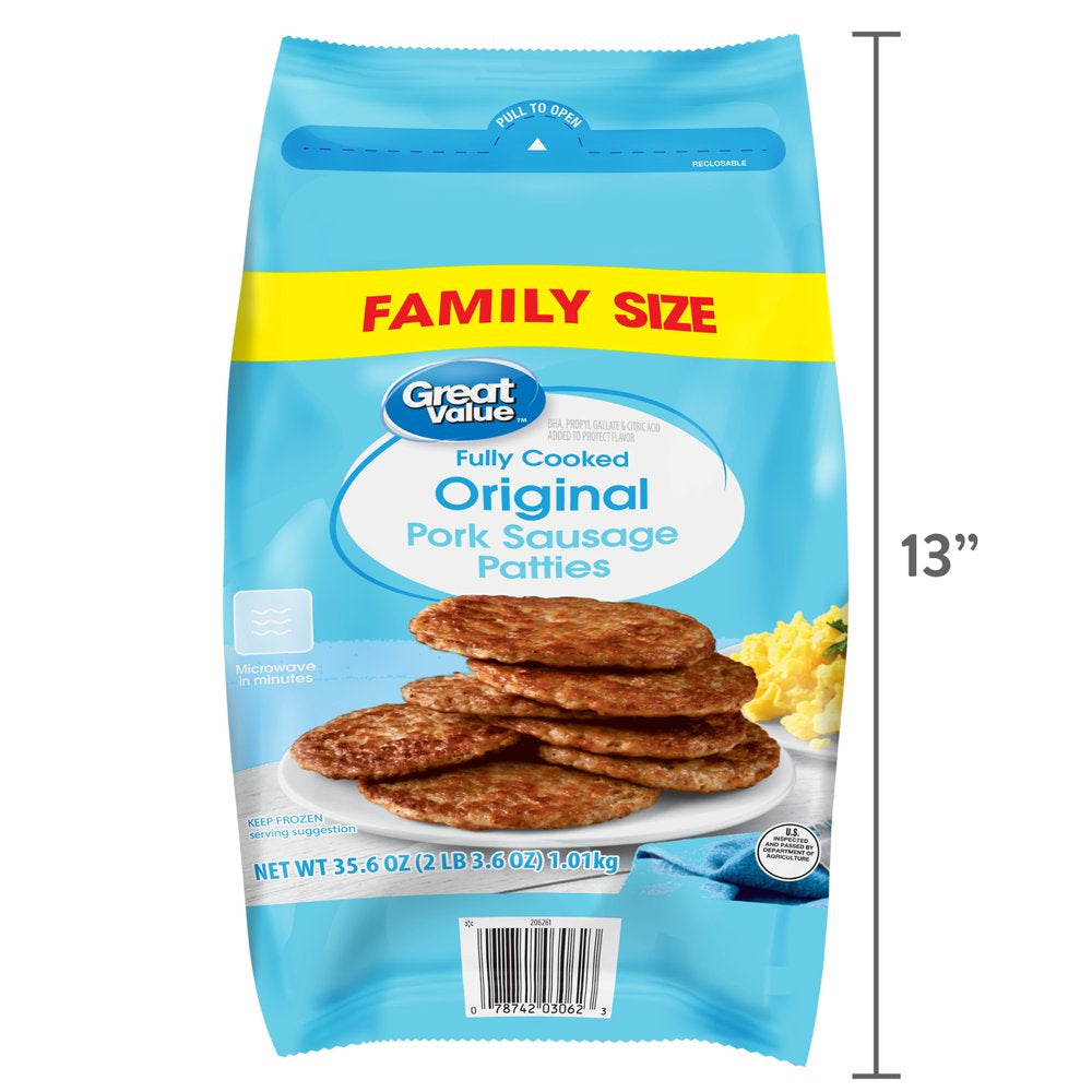 Great Value Fully Cooked Original Pork Sausage Patties, Family Size, 35.6 Oz (Frozen)