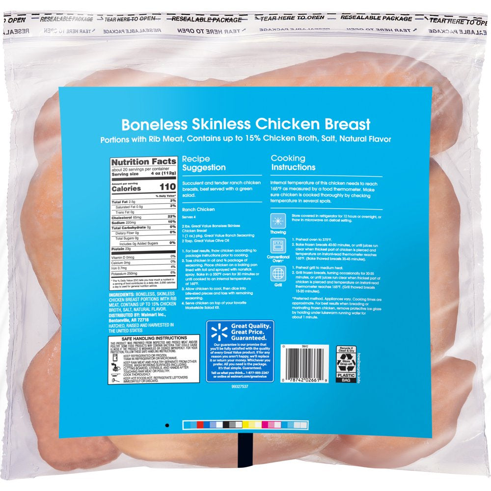 Great Value All Natural Boneless Skinless Chicken Breasts, 5 Lb (Frozen)