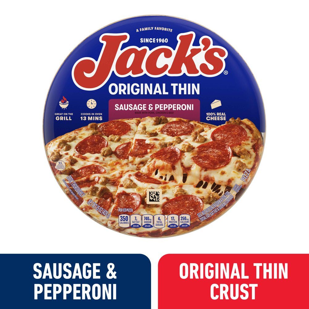 Jack'S Frozen Pizza, Sausage and Pepperoni Thin Crust Pizza with Marinara Sauce, 15 Oz (Frozen)