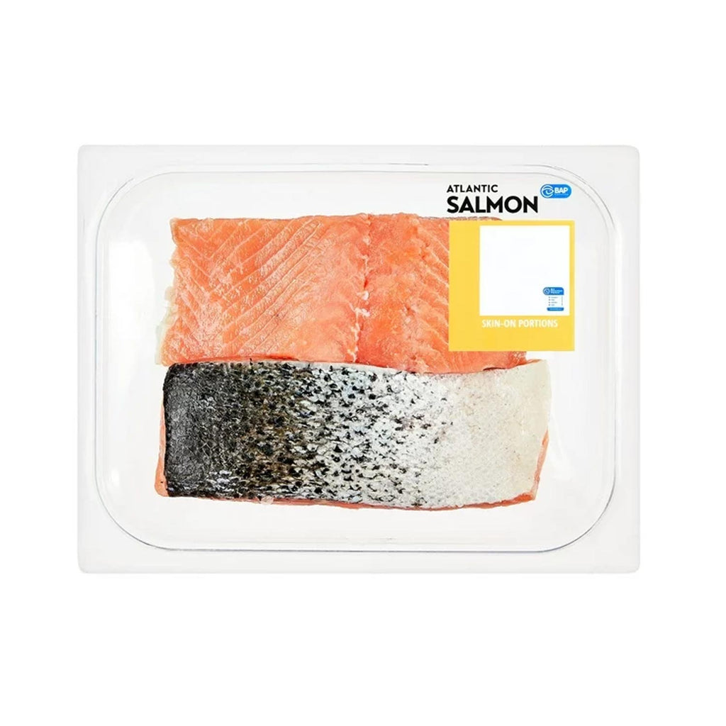 Fresh Atlantic Salmon Portions, 0.70 - 1.10 lb. Whole Salmon Portion. 240 Calories per 3 oz Serving. Certifications - BAP Certified