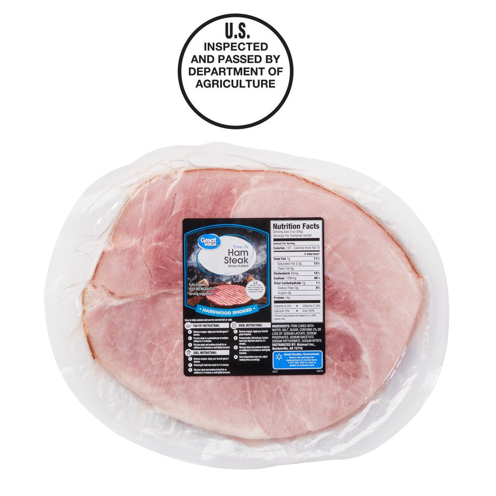 Great Value Hickory Smoked Ham Steak Value 2-Pack, Fully Cooked, Bone-In, 2- 4 Lb