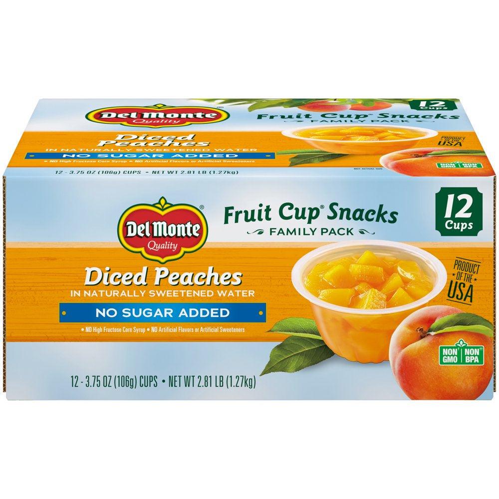 (12 Cups) Del Monte Diced Peach Fruit Cups, No Sugar Added, 3.75 Oz