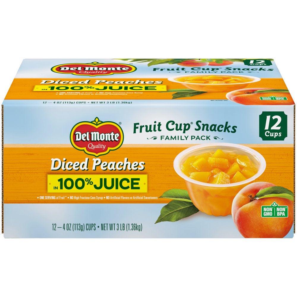 (12 Cups) Del Monte Diced Peaches Fruit Cup Snacks, 100% Juice, 4 Oz