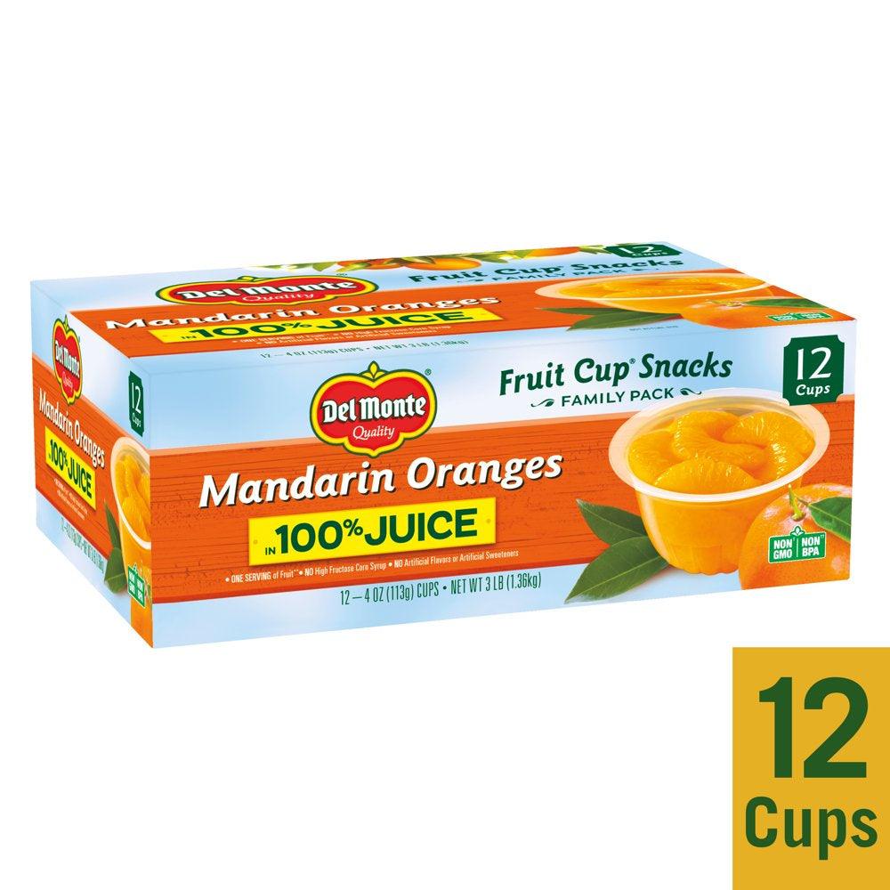 (12 Cups) Del Monte Mandarin Oranges Fruit Cup Snacks, 100% Juice, 4 Oz