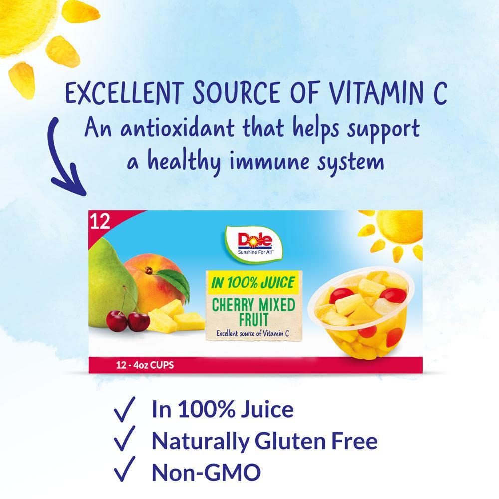 (12 Cups) Dole Fruit Bowls Cherry Mixed Fruit in 100% Fruit Juice, 4 Oz