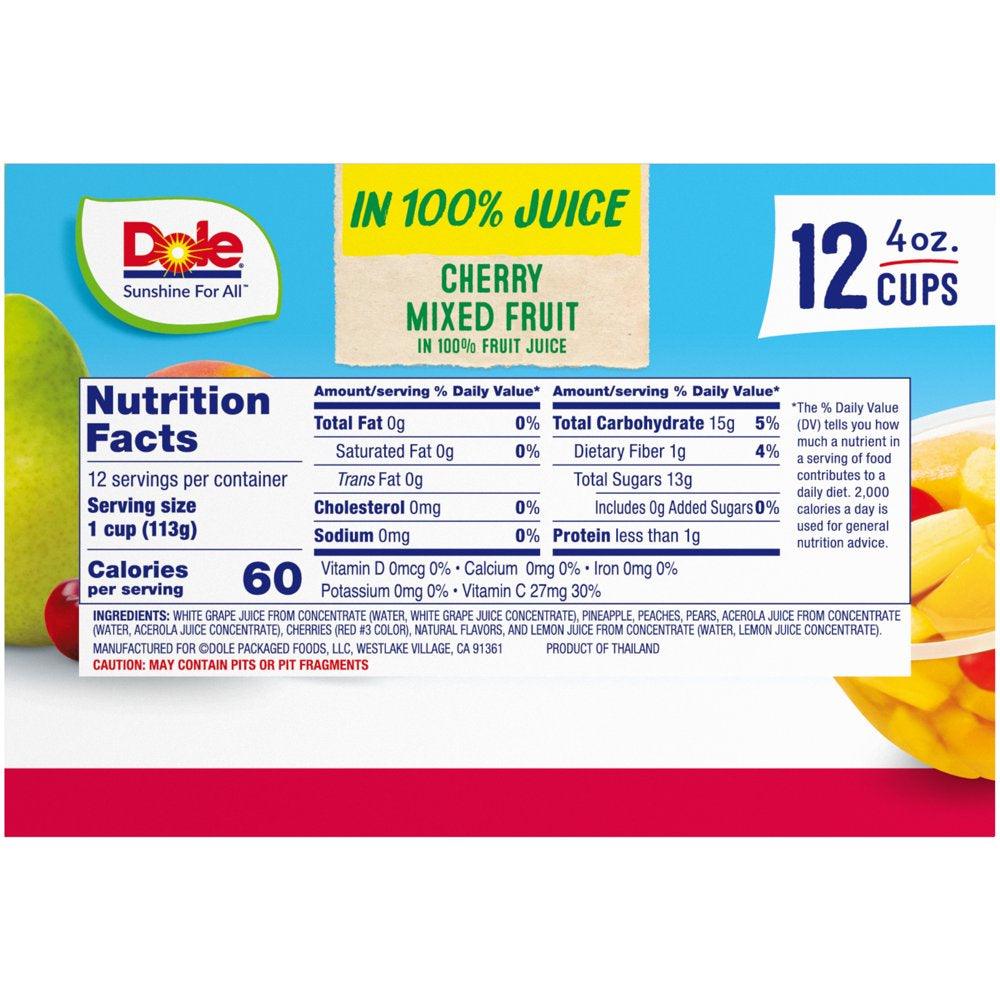 (12 Cups) Dole Fruit Bowls Cherry Mixed Fruit in 100% Fruit Juice, 4 Oz