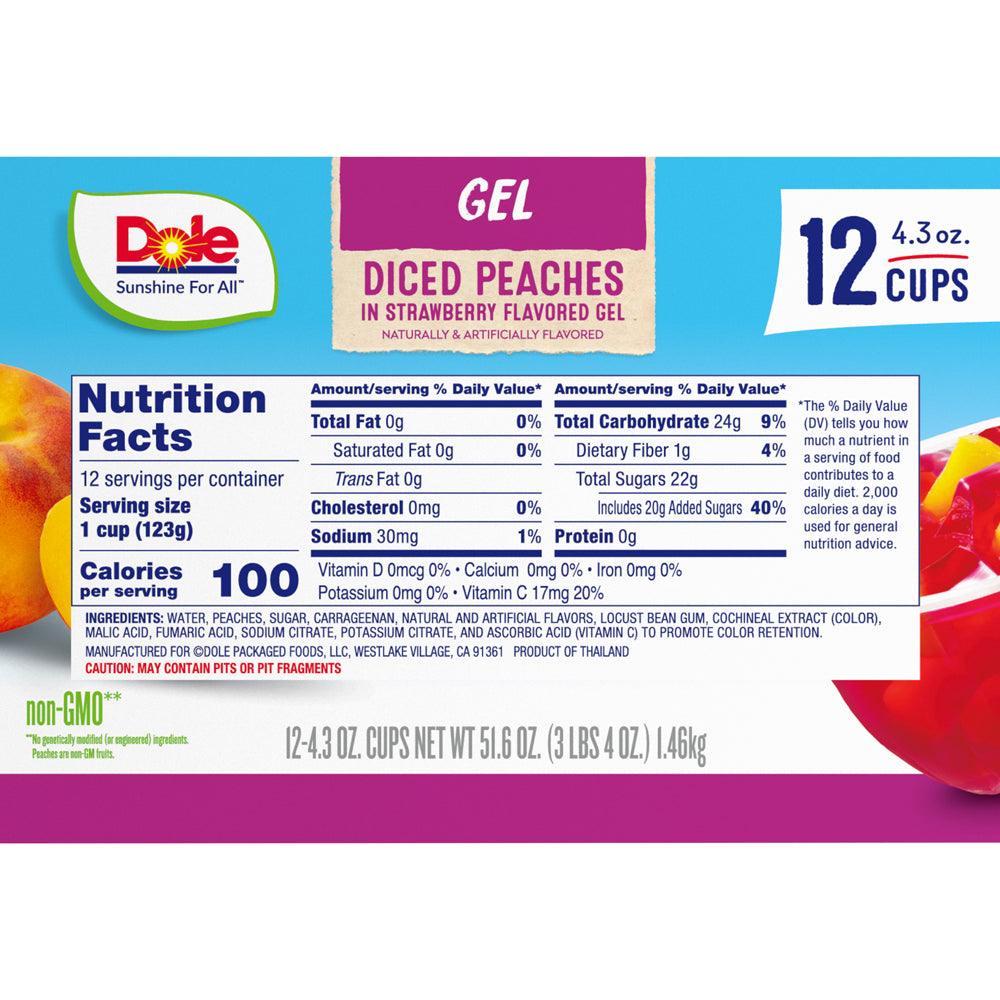 (12 Cups) Dole Fruit Bowls Diced Peaches in Strawberry Gel, 4.3 Oz