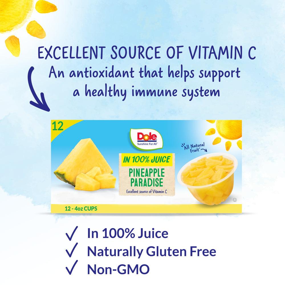 (12 Cups) Dole Fruit Bowls Pineapple Paradise Tidbits in 100% Fruit Juice, 4 Oz