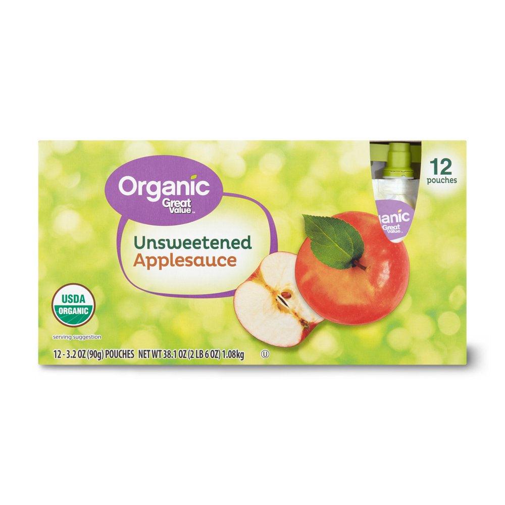 (12 Pack) Great Value Organic Applesauce Pouches, Unsweetened, 3.2 Oz, 12 Pack