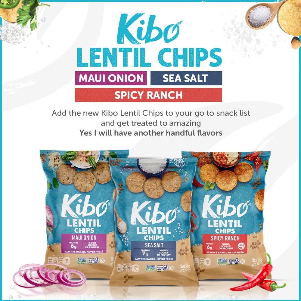 12-Pack Kibo Foods Lentil Chips Super Snack Set (Sea Salt, Maui Onion, Spicy Ranch)| Gluten Free, Plant-Based, High Protein, Vegan Snacks, Non-Gmo, Kosher 1Oz Bags| Kibo Foods