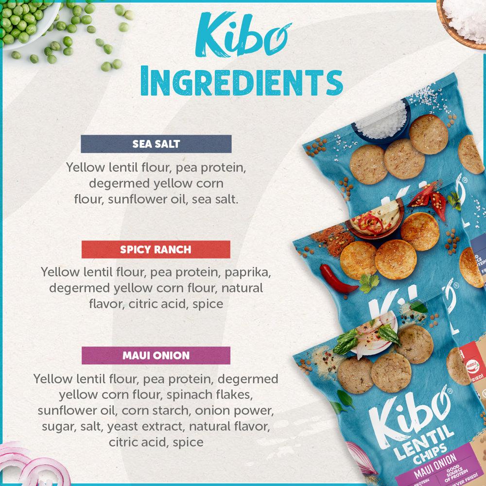 12-Pack Kibo Foods Lentil Chips Super Snack Set (Sea Salt, Maui Onion, Spicy Ranch)| Gluten Free, Plant-Based, High Protein, Vegan Snacks, Non-Gmo, Kosher 1Oz Bags| Kibo Foods