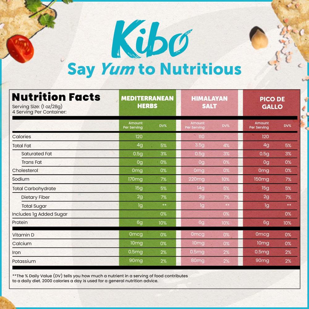 18-Pack Kibo Foods Chickpea Chips Super Snack Set (Himalayan Salt, Mediterranean Herbs, Pico De Gallo)| Gluten Free, Plant-Based, High Protein, Vegan Snacks, Non-Gmo, Kosher 1Oz Bags| Kibo Foods