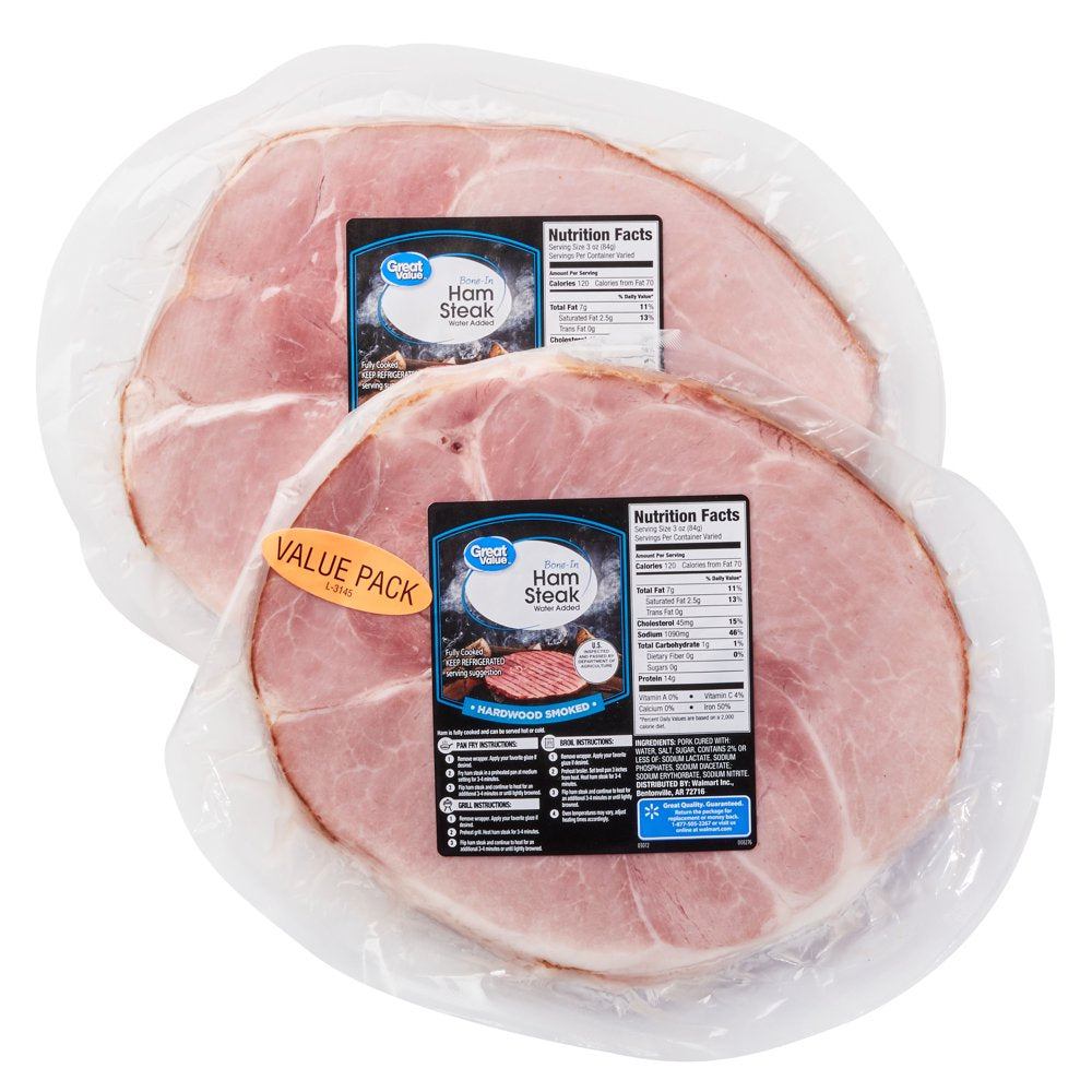 Great Value Hickory Smoked Ham Steak Value 2-Pack, Fully Cooked, Bone-In, 2- 4 Lb