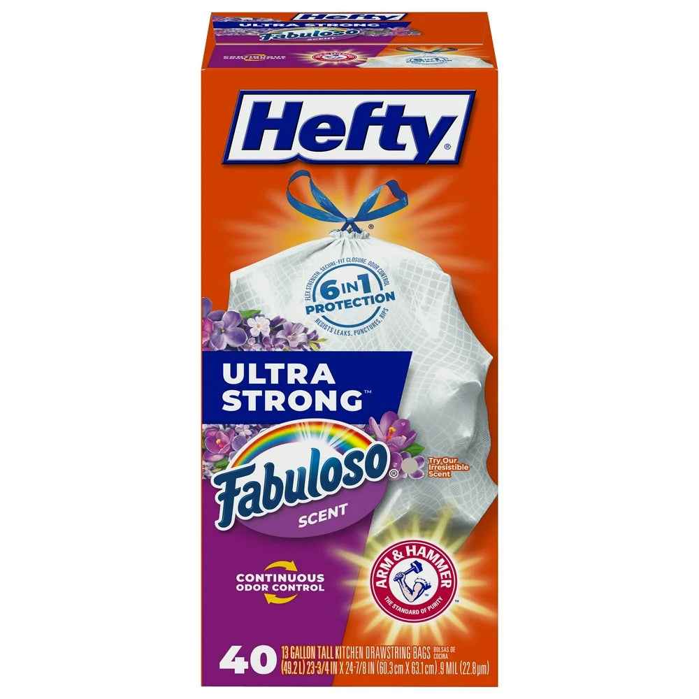 Hefty Ultra Strong Tall Kitchen Trash Bags, Fabuloso Scent, 13 Gallon, 40 Count