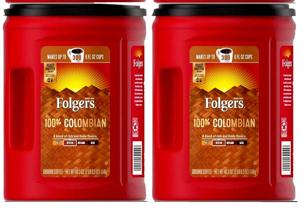 2 X Folgers 100% Colombian Ground Coffee Medium Roast Rich & Lively 40.3 Oz Ea