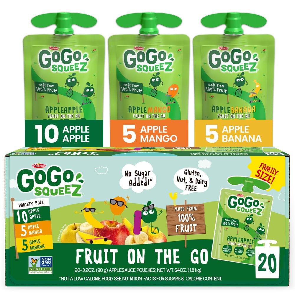 (20 Pack) Gogo Apple Apple, Apple Banana, Apple Mango Applesauce, 3.2 Oz