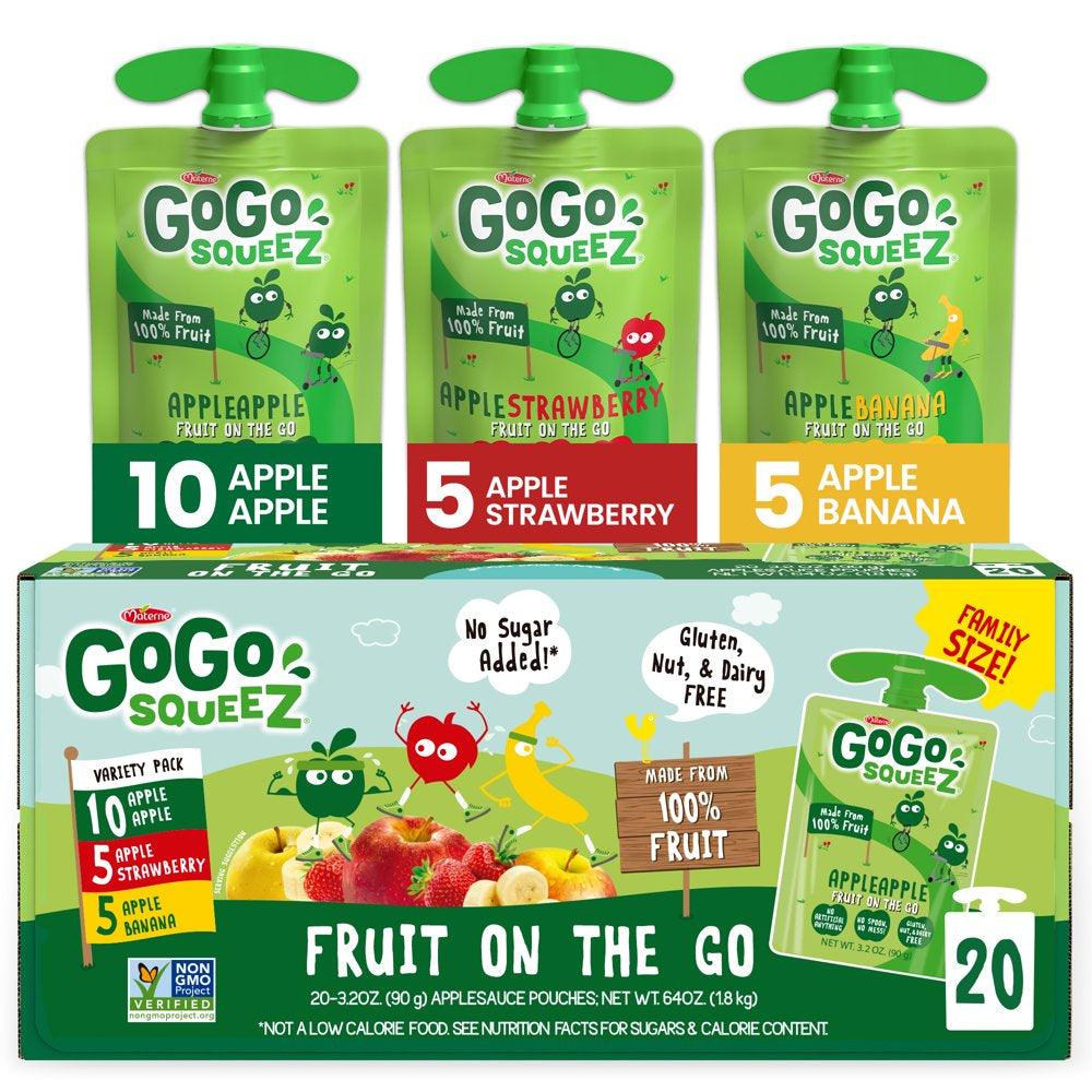 (20 Pack) Gogo Apple, Banana, Strawberry Applesauce Pouch, 3.2 Oz