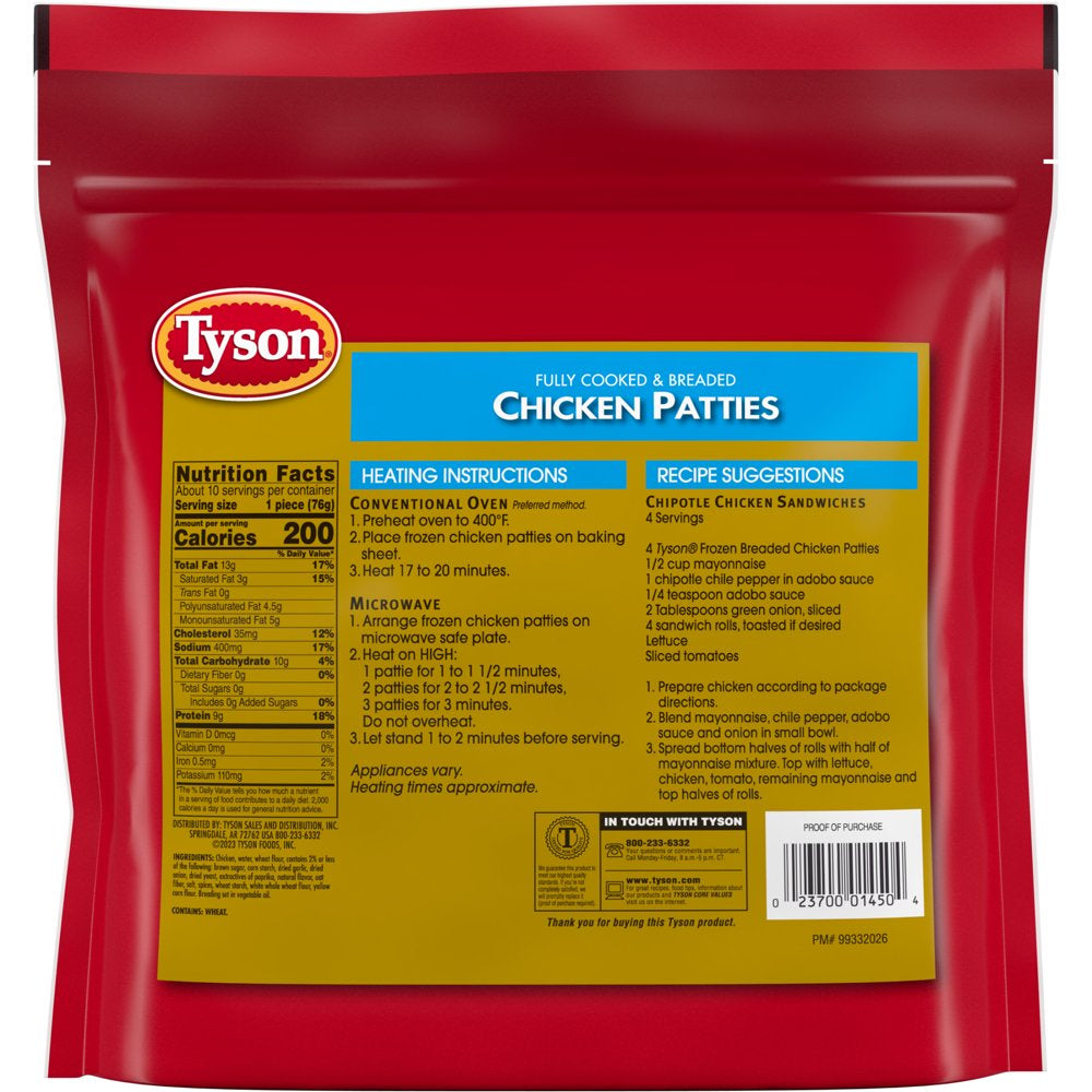 Tyson Fully Cooked and Breaded Chicken Patties, 1.62 Lb Bag (Frozen)