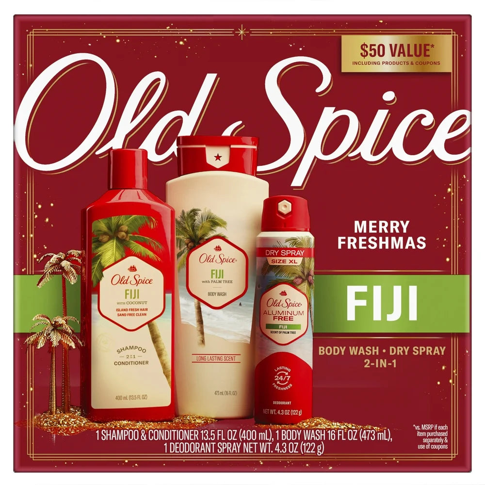 ($50 VALUE) Old Spice Fiji Men'S Holiday Gift Pack with 2In1 Shampoo and Conditioner, Body Wash, and Aluminum Free Spray