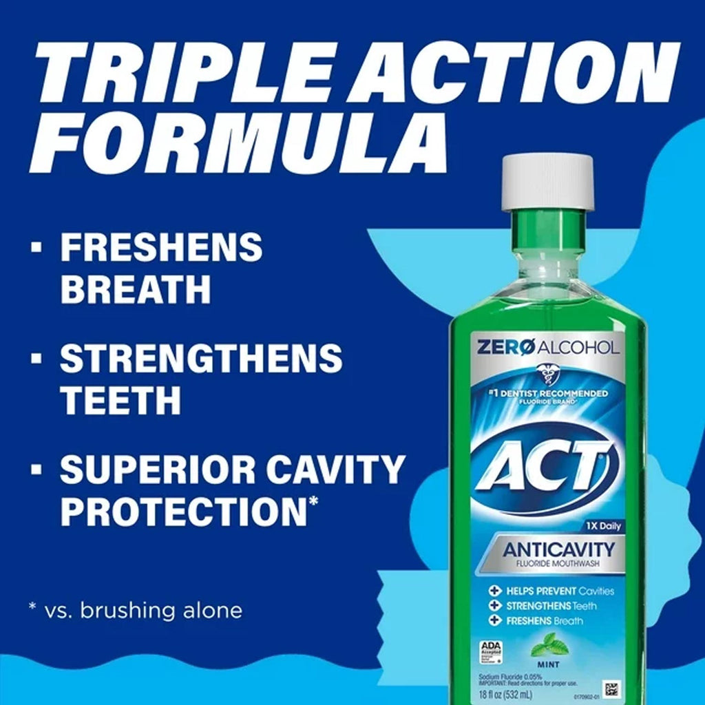 ACT Anticavity Fluoride Mouthwash With Zero Alcohol, Mint, 18 fl. oz