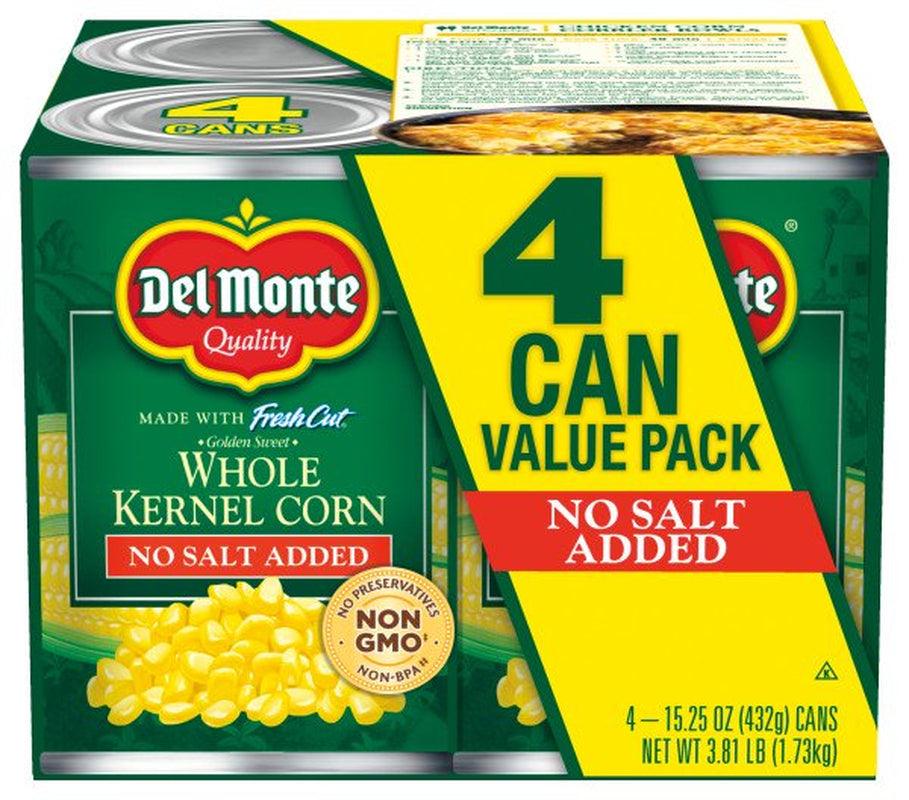 (4 Cans) Del Monte Whole Kernel Corn, No Salt, 15.25 Oz