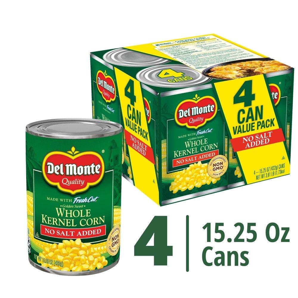 (4 Cans) Del Monte Whole Kernel Corn, No Salt, 15.25 Oz