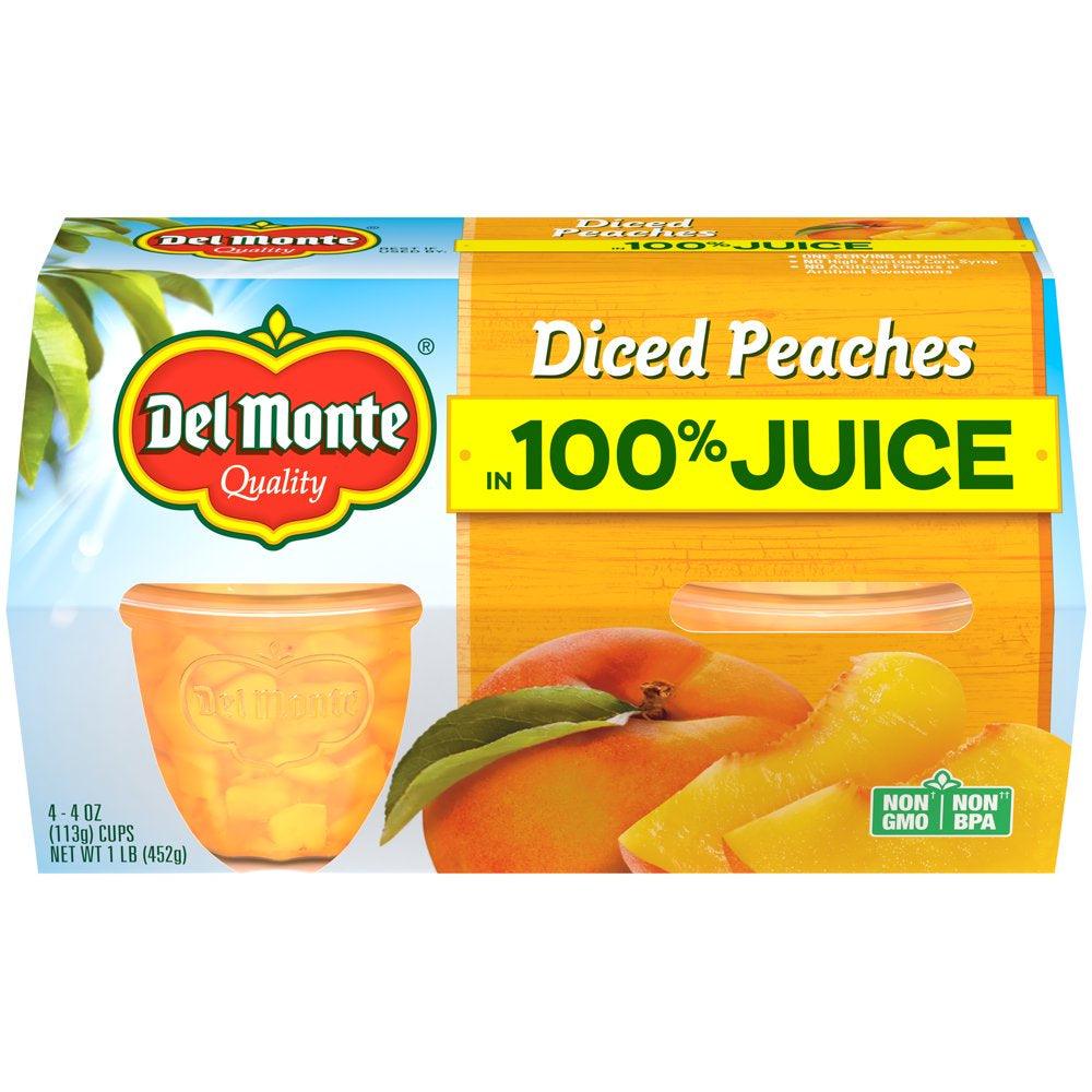 (4 Cups) Del Monte Diced Peaches Fruit Cup Snacks, 100% Juice, 4 Oz