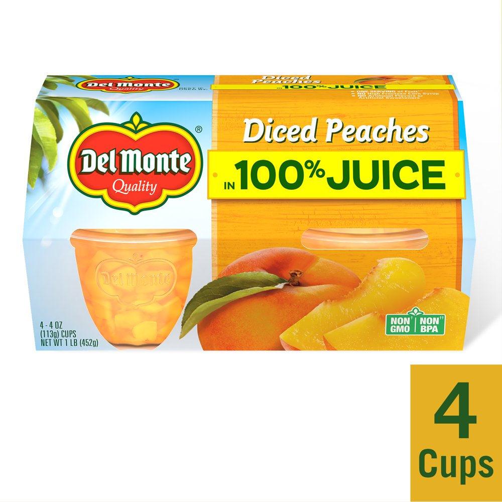 (4 Cups) Del Monte Diced Peaches Fruit Cup Snacks, 100% Juice, 4 Oz