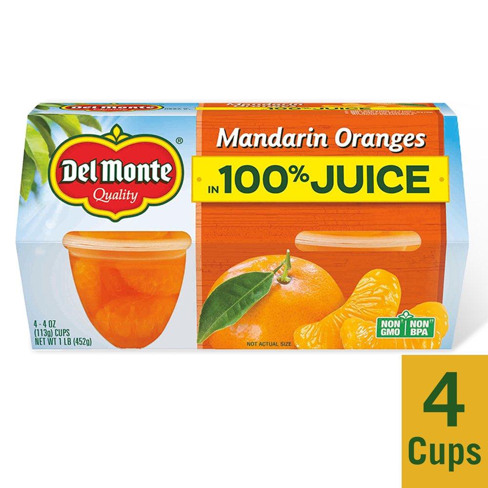 (4 Cups) Del Monte Mandarin Orange Fruit Cups, 100% Juice, 4 Oz