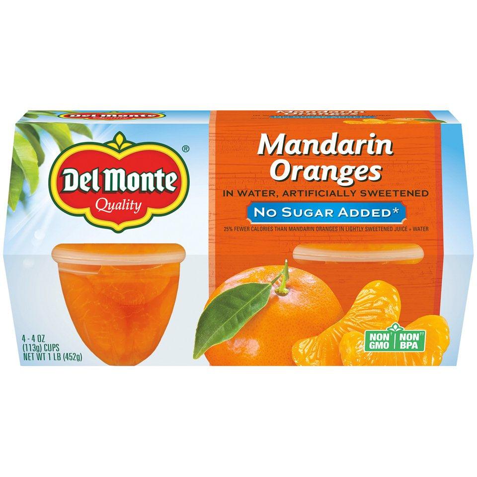 (4 Cups) Del Monte Mandarin Oranges Fruit Cups, No Sugar Added, 4 Oz