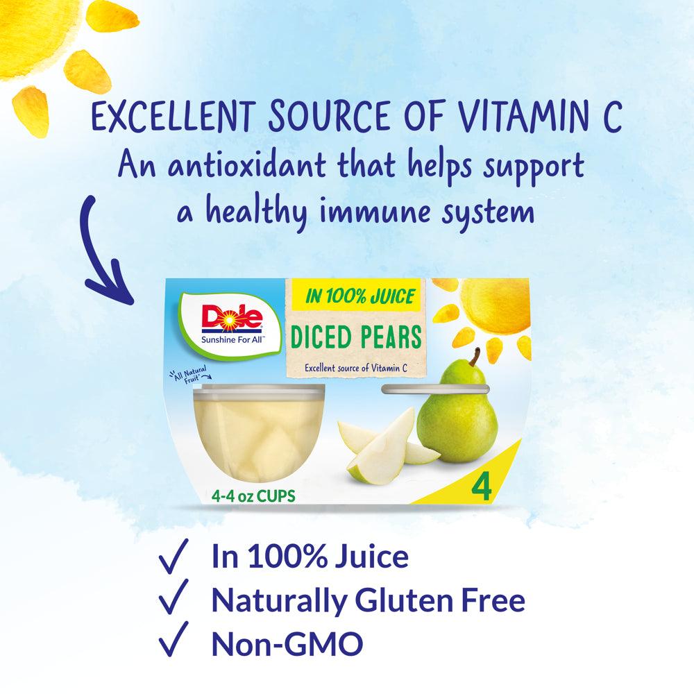 (4 Cups) Dole Fruit Bowls Diced Pears in 100% Fruit Juice, 4 Oz