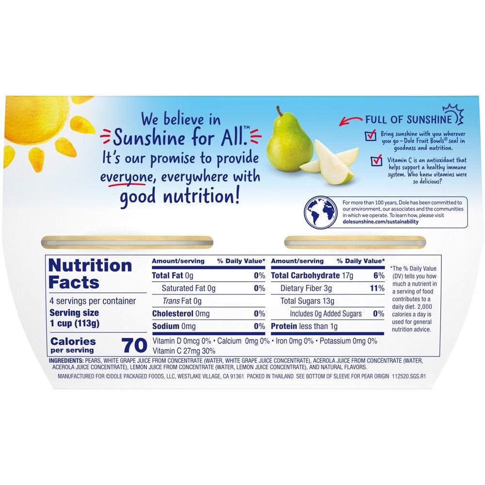 (4 Cups) Dole Fruit Bowls Diced Pears in 100% Fruit Juice, 4 Oz