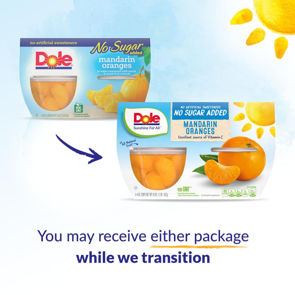 (4 Cups) Dole Fruit Bowls No Sugar Added Mandarin Oranges in Water, 4 Oz