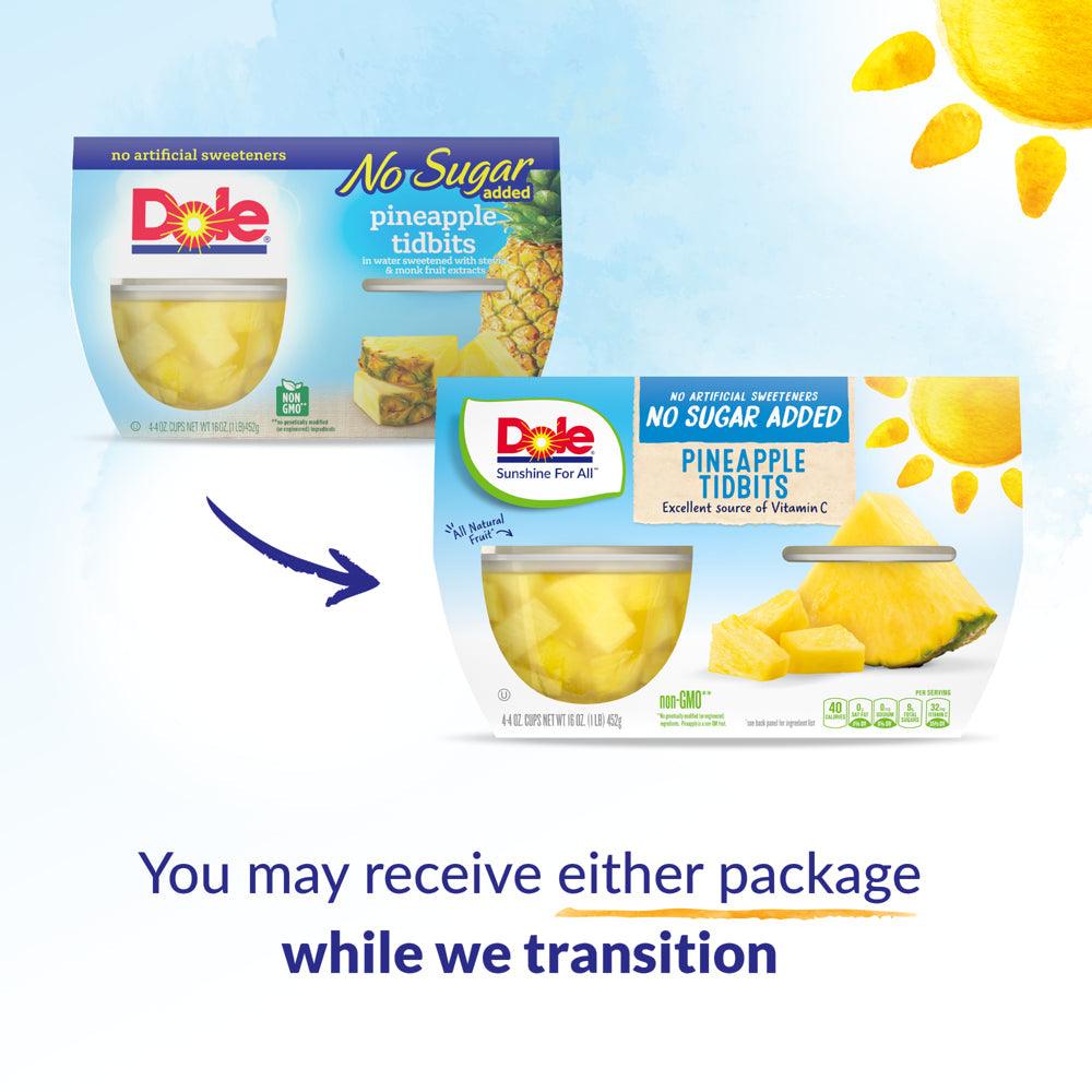 (4 Cups) Dole Fruit Bowls No Sugar Added Pineapple Tidbits in Water, 4 Oz