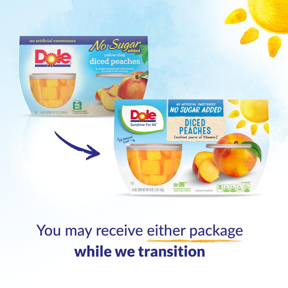 (4 Cups) Dole Fruit Bowls No Sugar Added Yellow Cling Diced Peaches in Water, 4 Oz