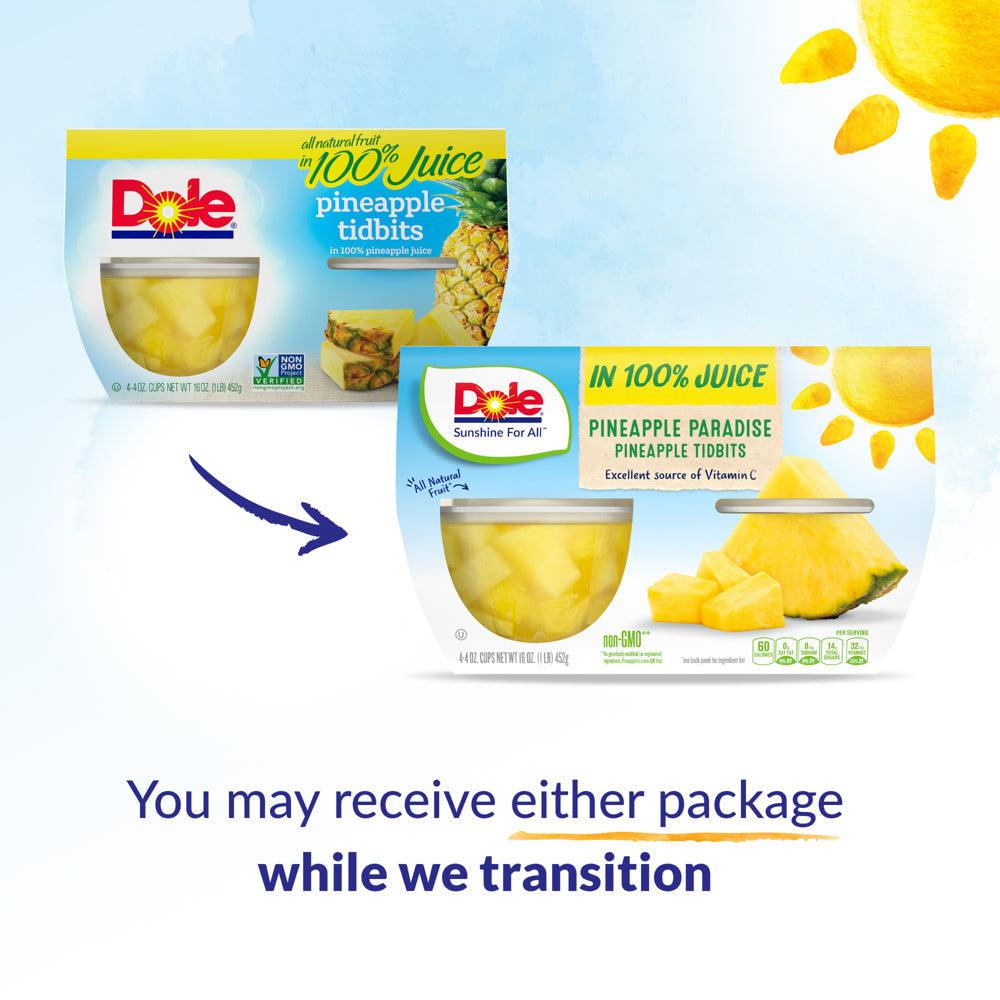 (4 Cups) Dole Fruit Bowls Pineapple Tidbits in 100% Fruit Juice, 4 Oz