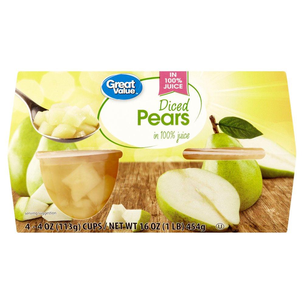 (4 Cups) Great Value Diced Pears Fruit Cups in 100% Juice, 4 Oz