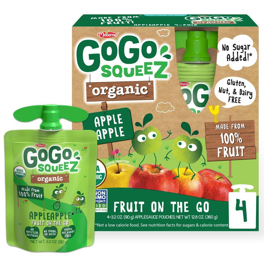 (4 Pack) Gogo Squeez Applesauce Organic Apple Apple Snack Pouch, 3.2 Oz, 4 Pack