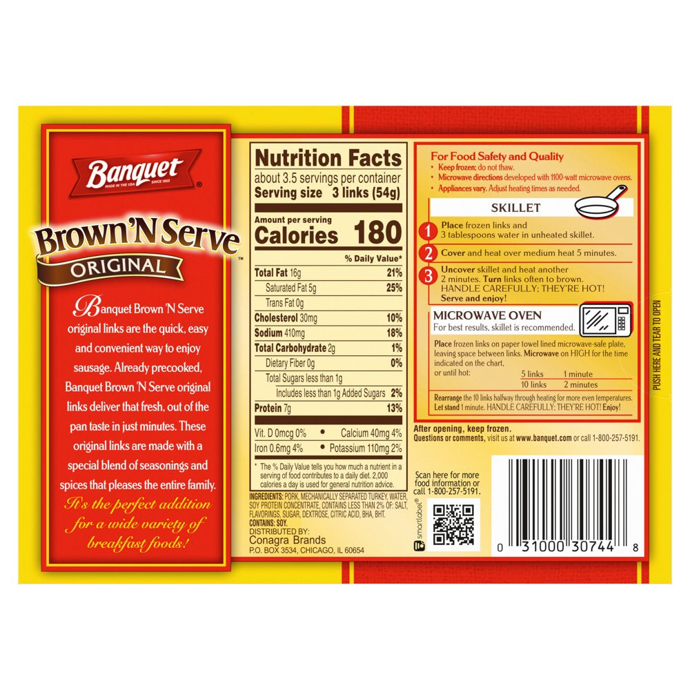 Banquet Brown 'N Serve Original Fully Cooked Sausage Links Frozen Meat, 6.4 Oz, 10 Count (Frozen)