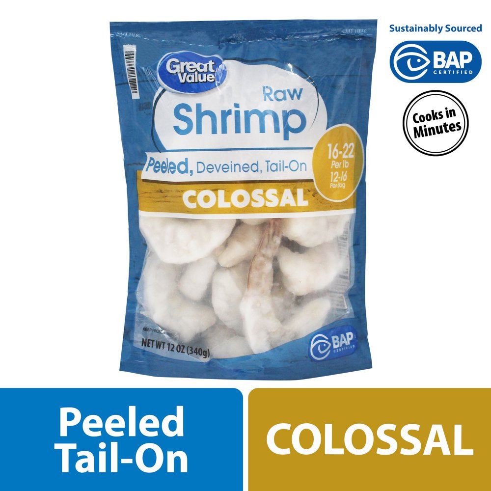 Great Value Frozen Raw Colossal Peeled Deveined Tail-On Shrimp, 12 Oz (16-22 Count per Lb)