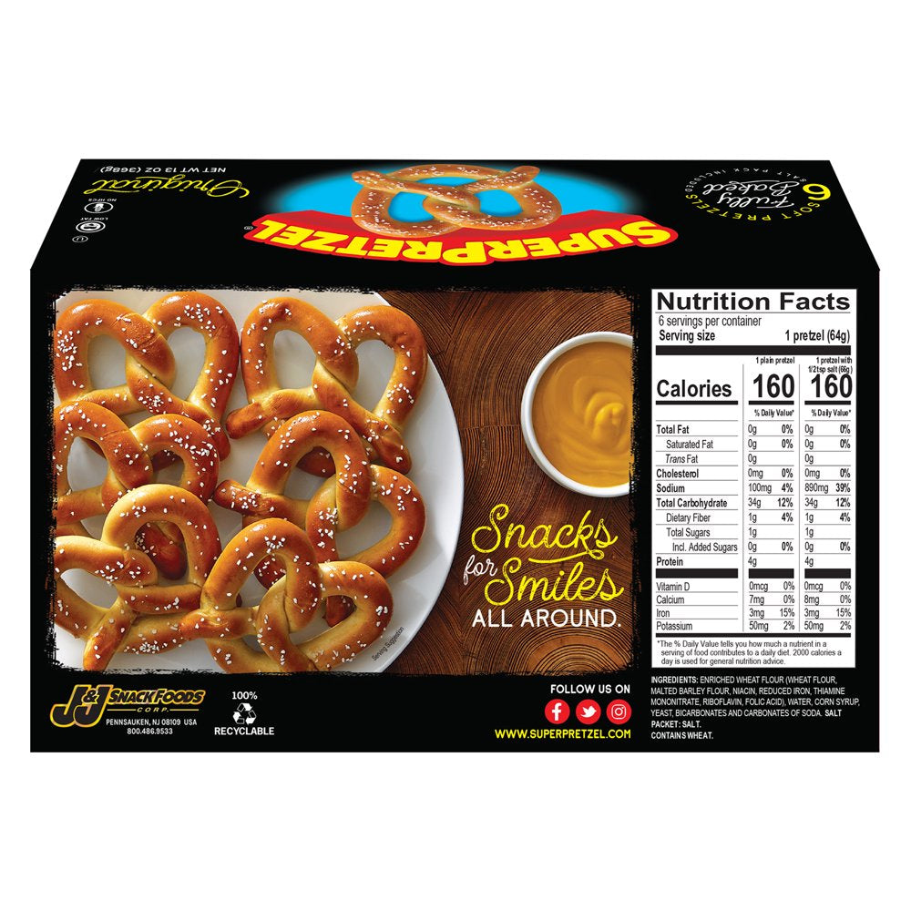 Superpretzel Original Fully Baked Soft Pretzels, 13 Oz, 6 Count (Frozen)