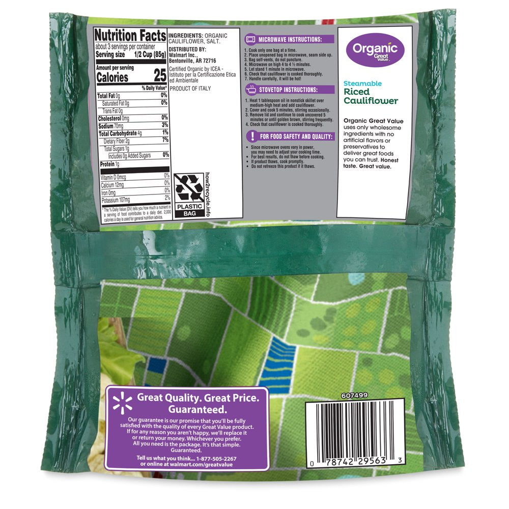 Great Value Organic Steamable Riced Cauliflower, 10 Oz (Frozen)