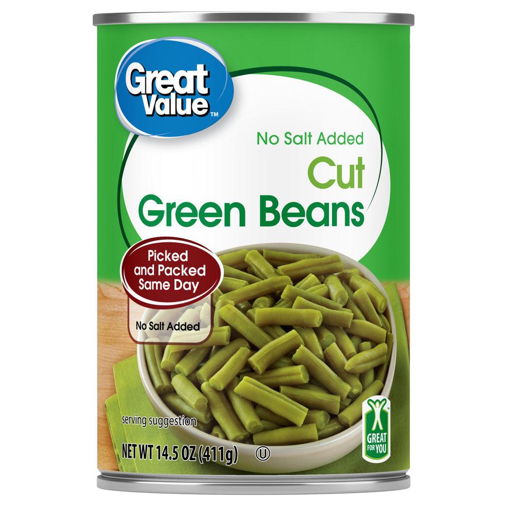 (6 Cans) Great Value Canned No Salt Cut Green Beans 14.5 Oz