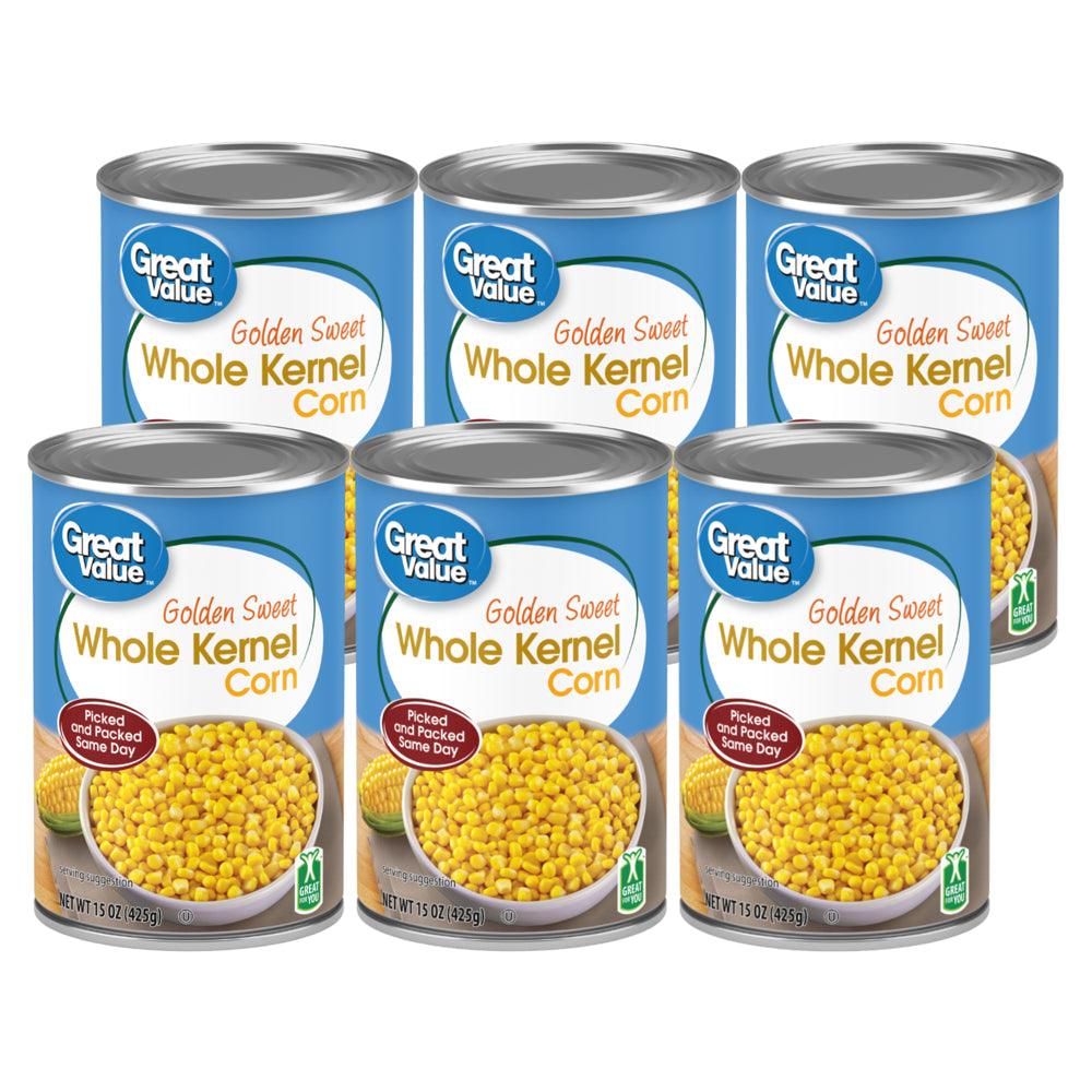 (6 Cans) Great Value Whole Kernel Corn, Canned Vegetables, 15.25 Oz