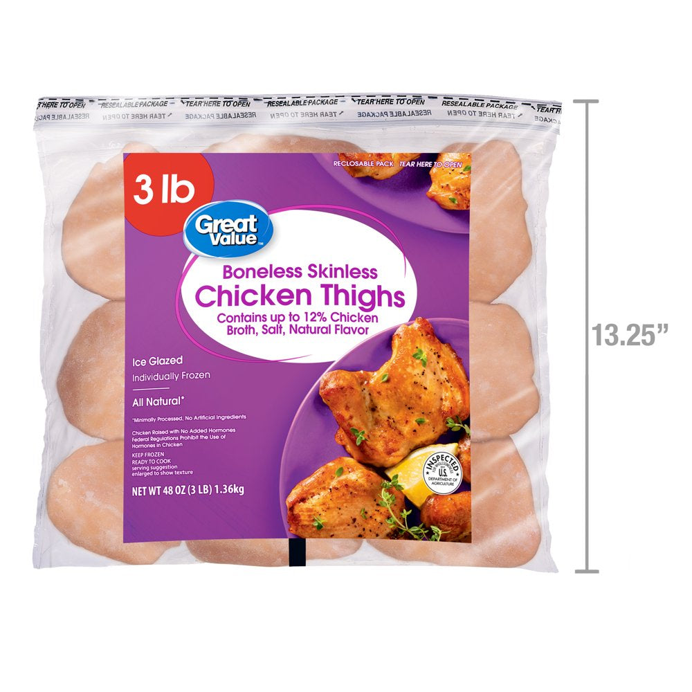 Great Value All Natural Boneless Skinless Chicken Thighs, 3 Lb (Frozen)