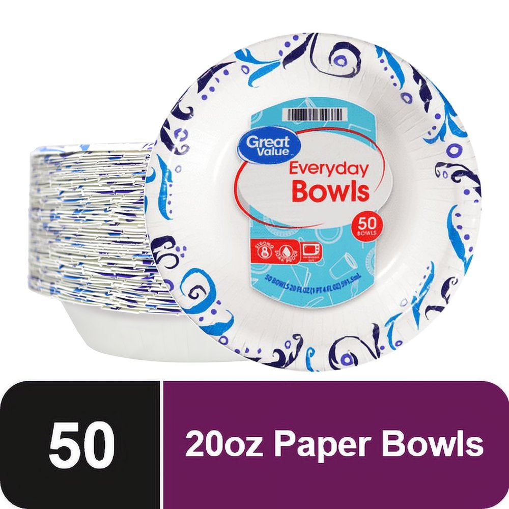 Great Value Everyday Strong, Soak Proof, Microwave Safe, Disposable Paper Bowls, 20 Oz, Patterned, 50 Count