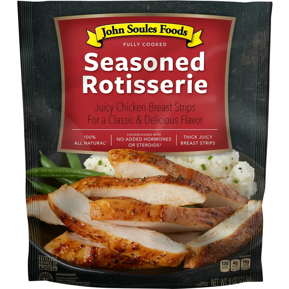 John Soules Foods, Cooked, Refrigerated, All Natural Seasoned Rotisserie Chicken Breast Strips, 8 Oz