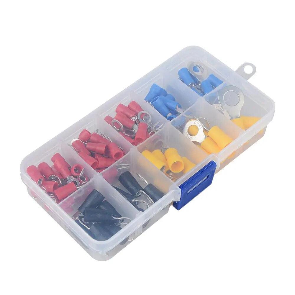 (102Pcs/Lot RV) Insulated Ring Terminals Electrical Wire Crimp Connector Kit Set with Box, Copper Wire Cord Pin End Butt